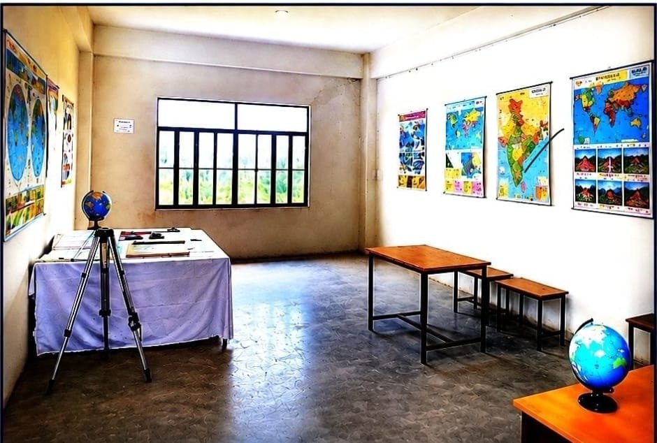 Geography laboratory with maps and globes