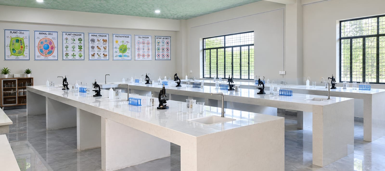 Biology laboratory with microscopes